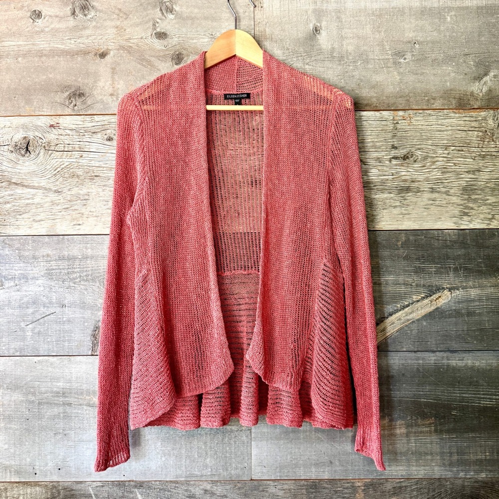 Eileen Fisher Flutter Cardigan S Coral Airy Linen Grain Rib Open Front Coastal